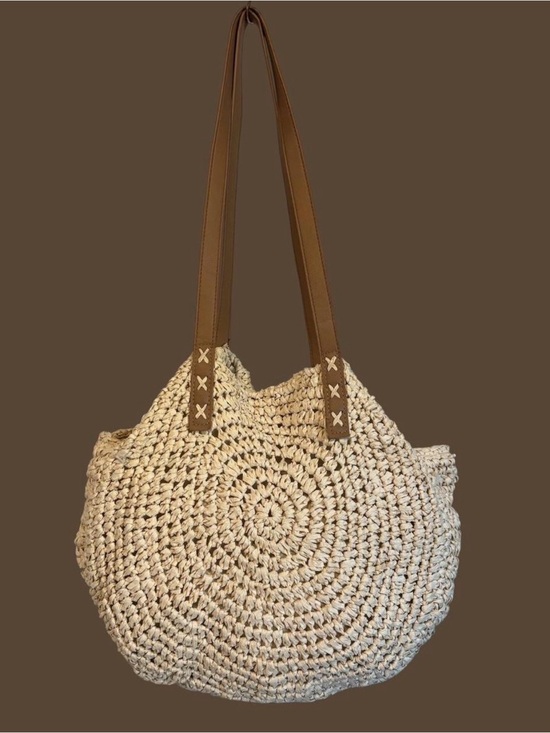 Handbags - Handwoven Cream Crochet Tote with Brown Straps